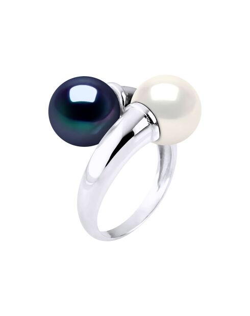 Bague Argent & Perles de Culture d'eau Douce Rondes blanc naturel/noir