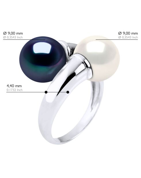 Bague Argent & Perles de Culture d'eau Douce Rondes blanc naturel/noir