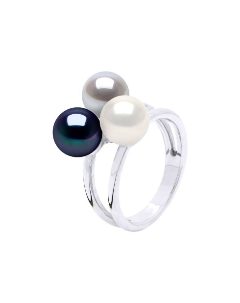 Bague Argent & Perles de Culture d'eau Douce Rondes blanc/gris/noir