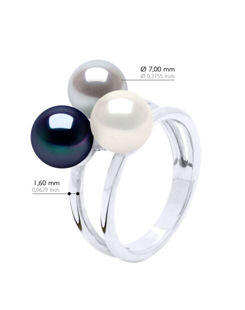 Bague Argent & Perles de Culture d'eau Douce Rondes blanc/gris/noir