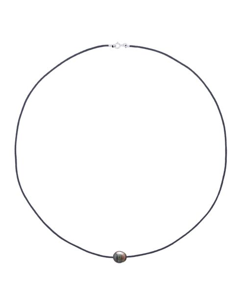 Collier en Nylon tressé & Perle de Culture de Tahiti Cerclée arc-en-ciel