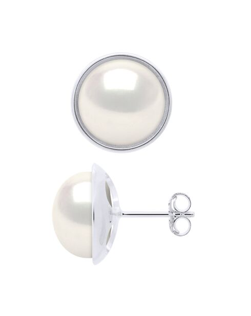 Boucles d'oreilles Or blanc & Perles de Culture d'Eau Douce Boutons blanc naturel