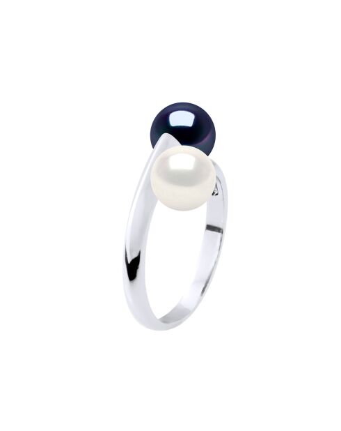 Bague Argent & Perles de Culture d'eau Douce Rondes blanc naturel/noir