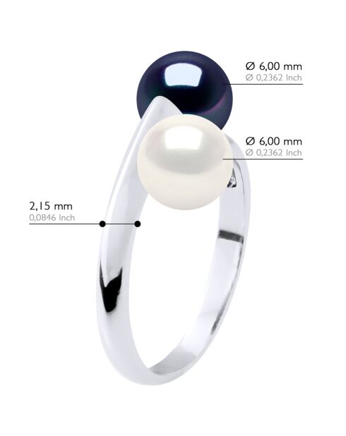 Bague Argent & Perles de Culture d'eau Douce Rondes blanc naturel/noir
