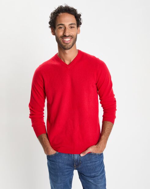 Pull 100% Cachemire col V Uni Nachve rouge