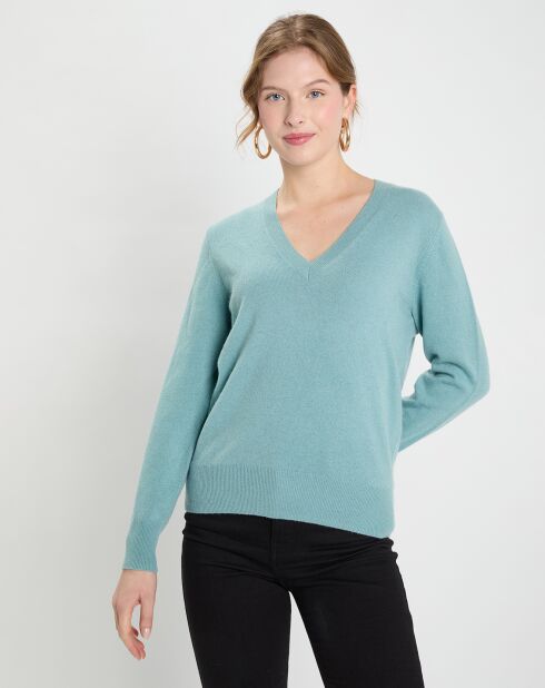 Pull 100% Cachemire Zocon col V bleu/vert