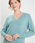 Pull 100% Cachemire Zocon col V bleu/vert