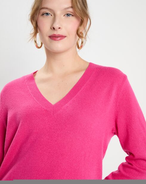 Pull 100% Cachemire Col V Zocon  rose fushia