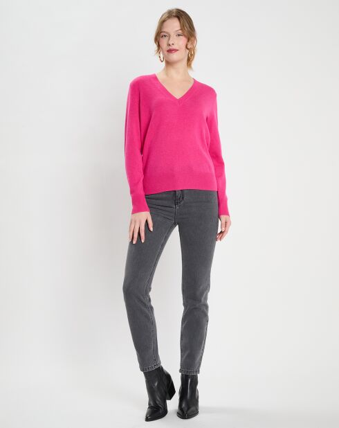 Pull 100% Cachemire Col V Zocon  rose fushia