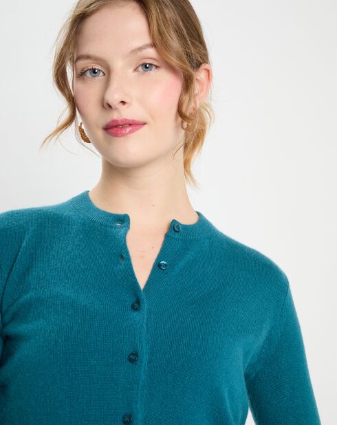 Cardigan 100% Cachemire Zacao col rond bleu/vert