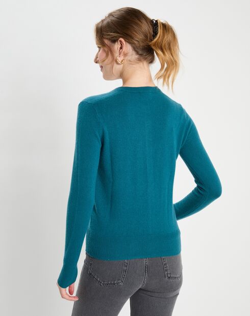 Cardigan 100% Cachemire Zacao col rond bleu/vert