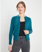 Cardigan 100% Cachemire Zacao col rond bleu/vert