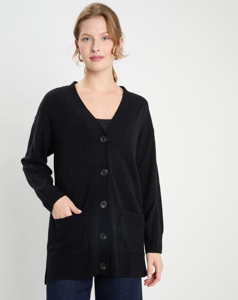 Gilet en Laine & Cachemire Long Poches Tina noir