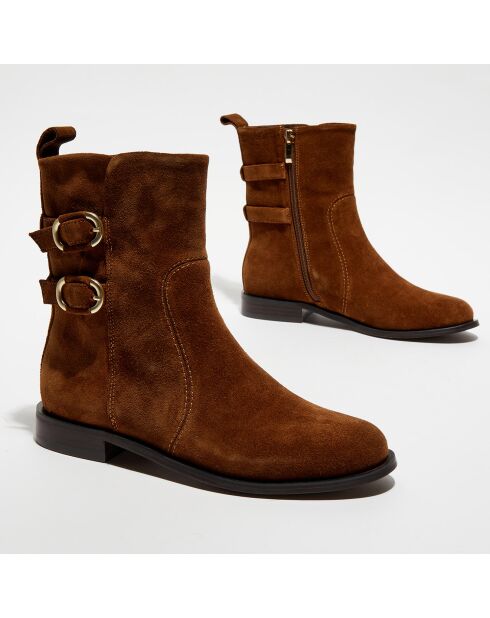 Bottines en Velours de Cuir double boucles marron