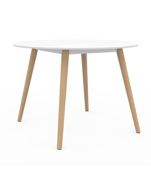 Table repas Stacy 110cm plateau rond blanc et pieds bois