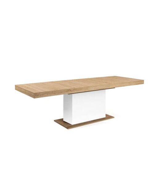 Table repas extensible Tania 200-250cm plateau bois et pieds central blanc