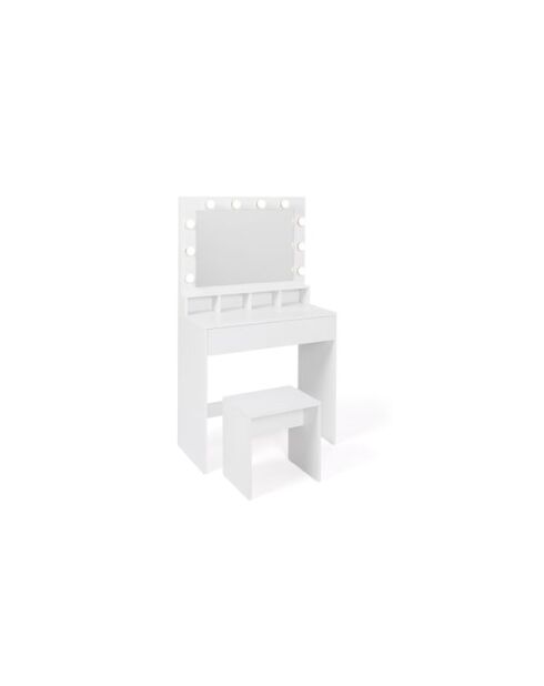 Coiffeuse Zita blanche avec miroir LED, 4 niches, 1 tiroir et 1 tabouret