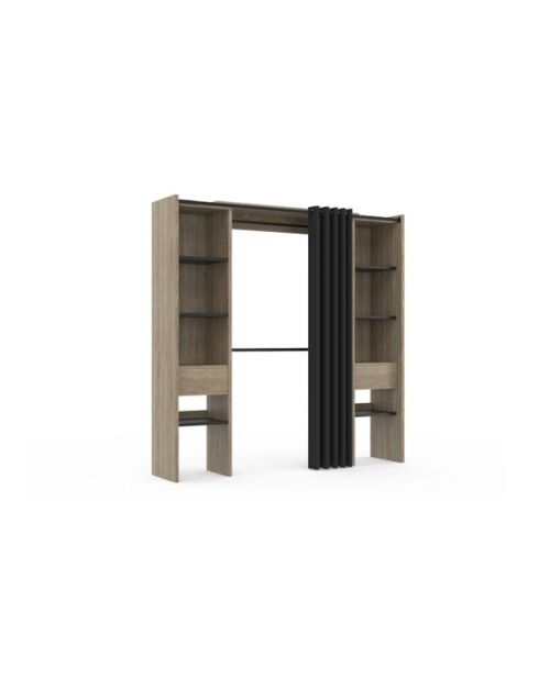 Dressing extensible bois avec double colonne et penderie avec rideau noir 120-180x180cm