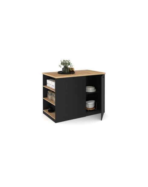 Ilot central de cuisine Dario L120cm bois et noir avec rangements