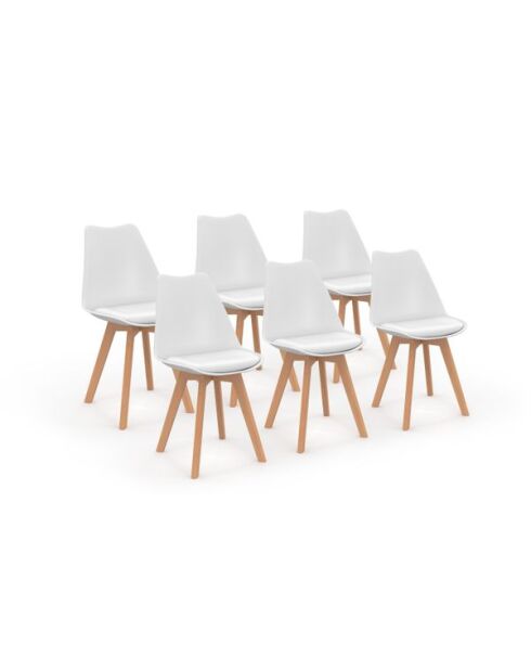 6 Chaises Nordia assise blanche et pieds bois