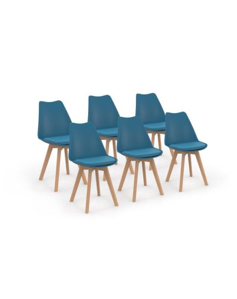 6 Chaises Nordia assises bleu canard et pieds bois