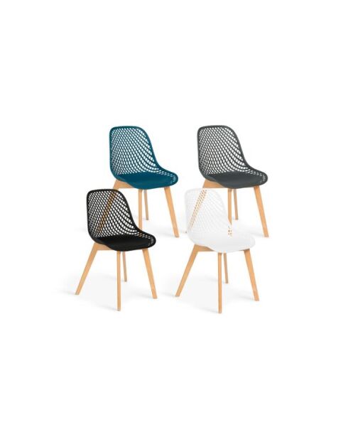 Chaises Maëlle assise ajourée mix de couleurs : 1x blanc, 1x gris foncé, 1x noir et 1x bleu canard - lot de 4