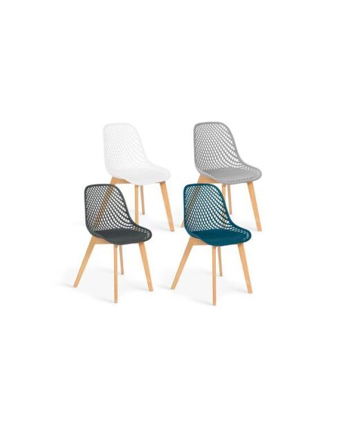 Chaises Maëlle assise ajourée mix de couleurs :  1x blanc, 1x gris foncé, 1x gris clair et 1x bleu canard - lot de 4