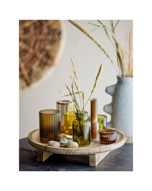 Plateau en Acaccia avec 8 photophores Sanga naturel - D.32xH.15 cm