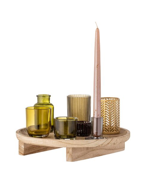 Plateau en Acaccia avec 8 photophores Sanga naturel - D.32xH.15 cm