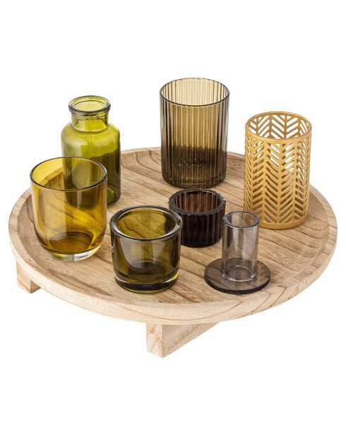 Plateau en Acaccia avec 8 photophores Sanga naturel - D.32xH.15 cm