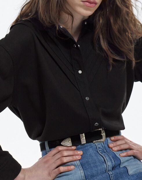 Chemise à manches longues col Mao avec détails de plis noire