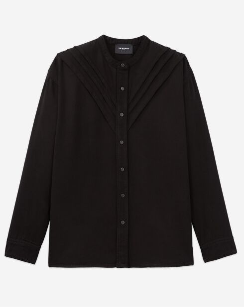 Chemise à manches longues col Mao avec détails de plis noire