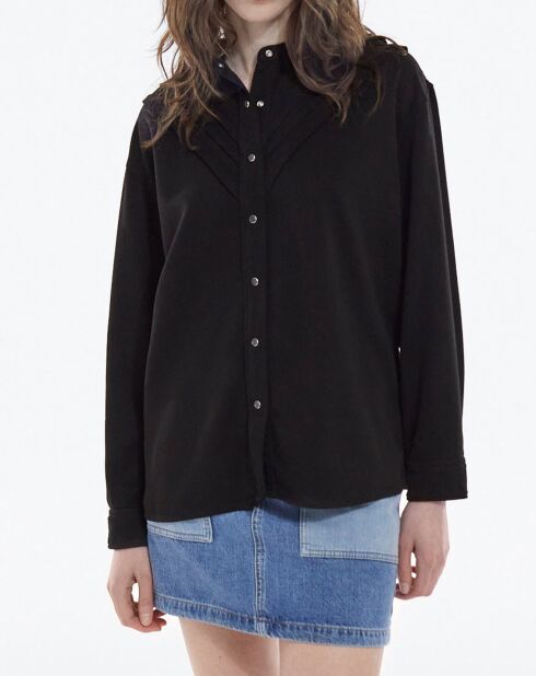 Chemise à manches longues col Mao avec détails de plis noire