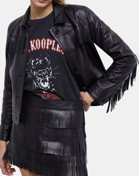 Blouson en Cuir à Franges noir