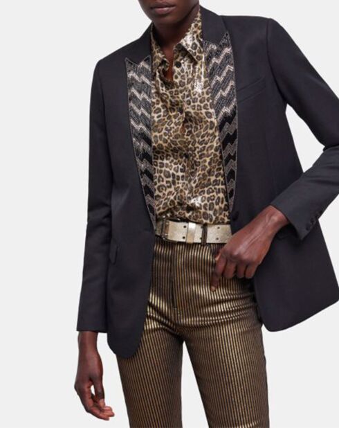 Veste en Laine mélangée Brodée à Revers noire