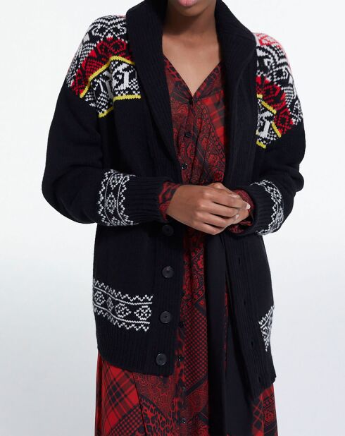 Cardigan 100% Laine col chale jacquard noir/rouge/jaune