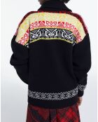 Cardigan 100% Laine col chale jacquard noir/rouge/jaune