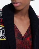 Cardigan 100% Laine col chale jacquard noir/rouge/jaune