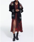 Cardigan 100% Laine col chale jacquard noir/rouge/jaune