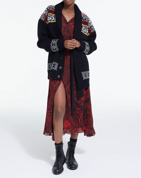 Cardigan 100% Laine col chale jacquard noir/rouge/jaune