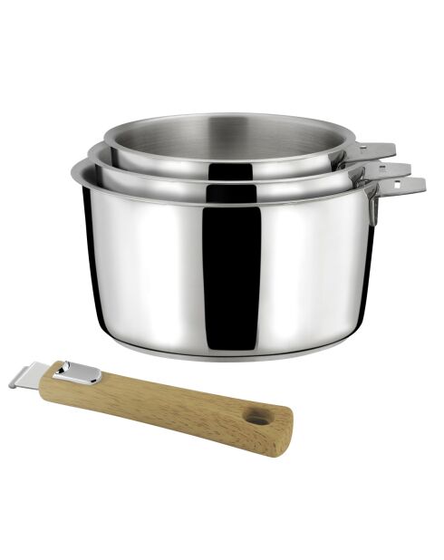 Malice - 3 casseroles 16/18/20cm inox avec poignée effet bois clair