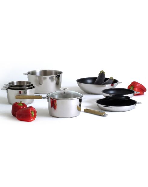 Malice - 3 casseroles 16/18/20cm inox avec poignée effet bois clair