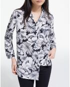 Chemise 100% Soie manches longues Print Romantic Garden noir/blanc