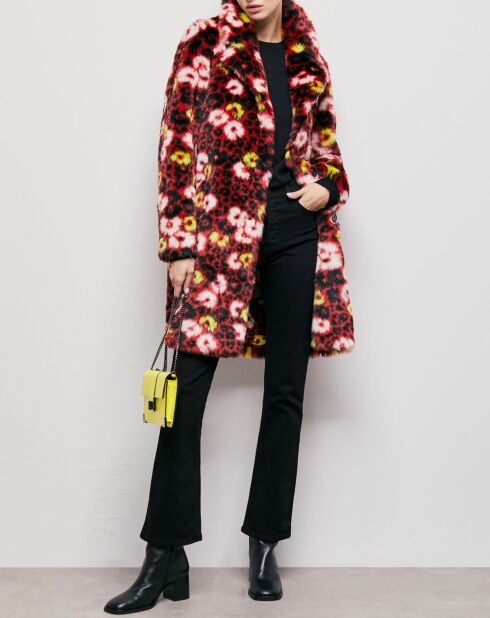 Manteau en Fausse Fourrure jacquard fleuri rouge foncé