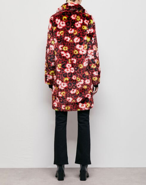 Manteau en Fausse Fourrure jacquard fleuri rouge foncé