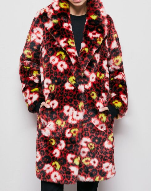 Manteau en Fausse Fourrure jacquard fleuri rouge foncé