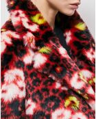 Manteau en Fausse Fourrure jacquard fleuri rouge foncé