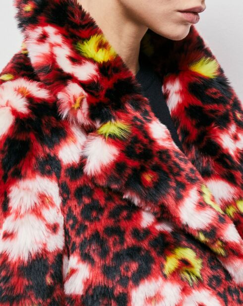 Manteau en Fausse Fourrure jacquard fleuri rouge foncé