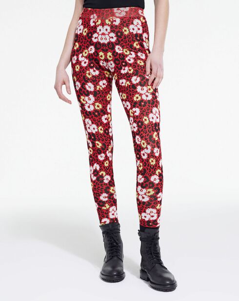Legging jacquard fleurie rouge foncé