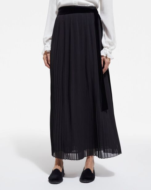 Jupe longue plissée avec ceinture en Velours noire